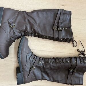 Brown Lace-Up Knee-High Boots